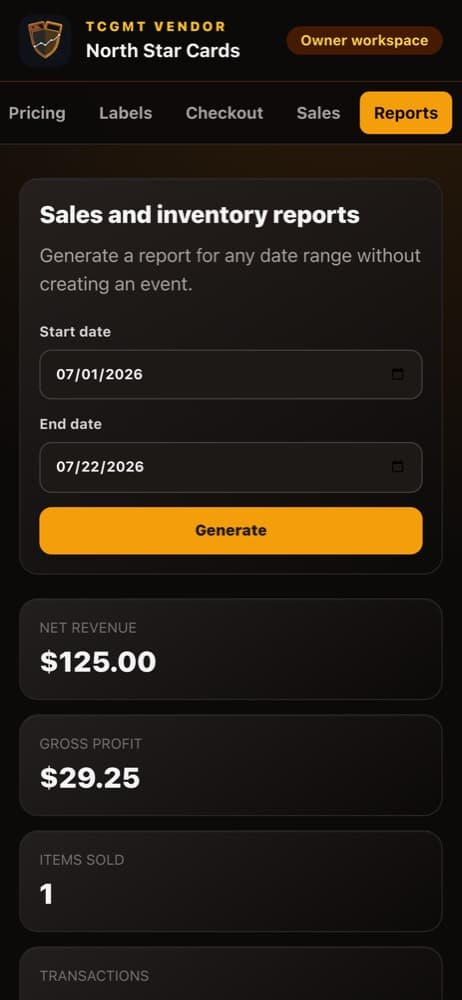 Example Vendor sales report with revenue, profit, and items sold
