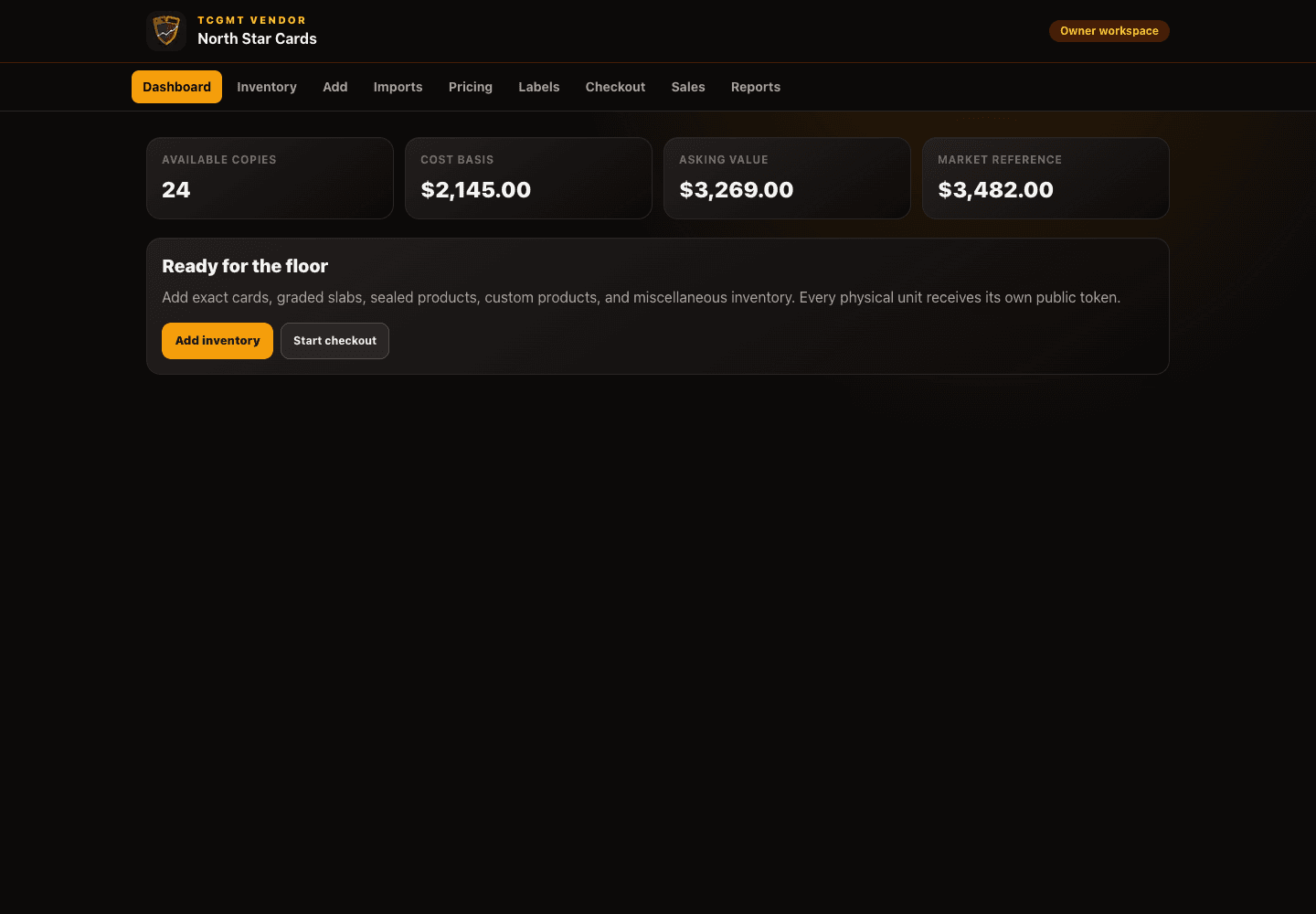 TCGMT Vendor dashboard with available inventory, cost basis, asking value, and market reference